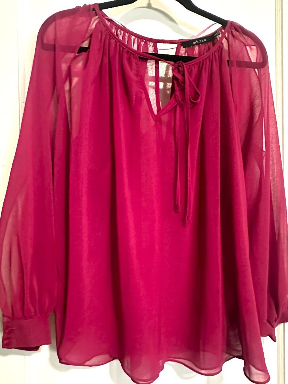 Ark & Co. Magenta Sheer Tie-Neck Peasant Blouse – Size S